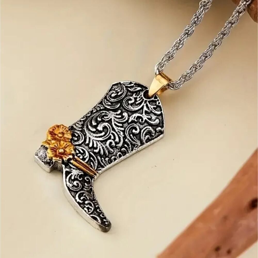 Silver Carved Flower Cowboy Boot Pendant Necklace Fashion Accessories